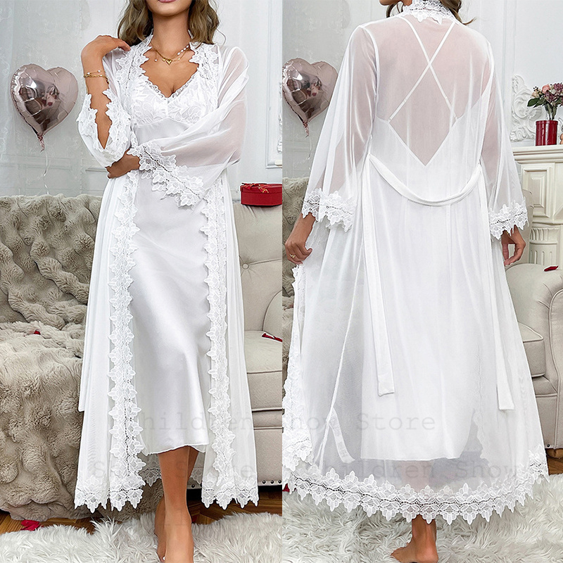 ホワイトメッシュウェディングローブサテンシュミーズパジャマエレガント Vestidos デノビアロングパーティードレスセット女性ランジェリーバスローブスーツ