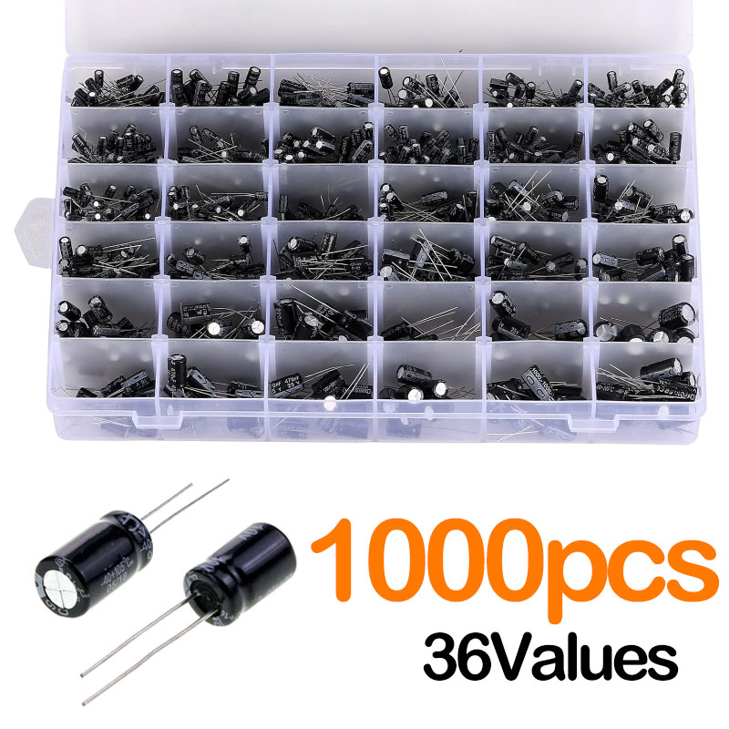 1000 個 36 種類 0.1uF -1000uF アルミコンデンサ 16-50V 電解コンデンサ詰め合わせボックスキット