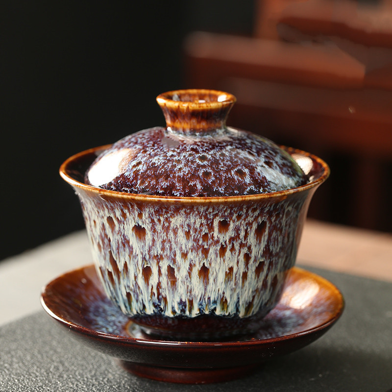 Jianzhan ティーカップ磁器 Gaiwan ソーサー絶妙な星空釉セラミック Gaiwan 窯変態カバーボウルスープ蓋付き