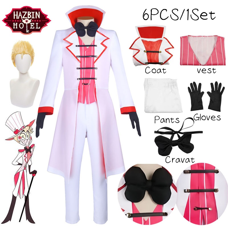 Hazbin ルシファーコスプレモーニングスター衣装かつら男性制服スーツジャケットベストパンツかつらハロウィン誕生日パーティー男性衣装