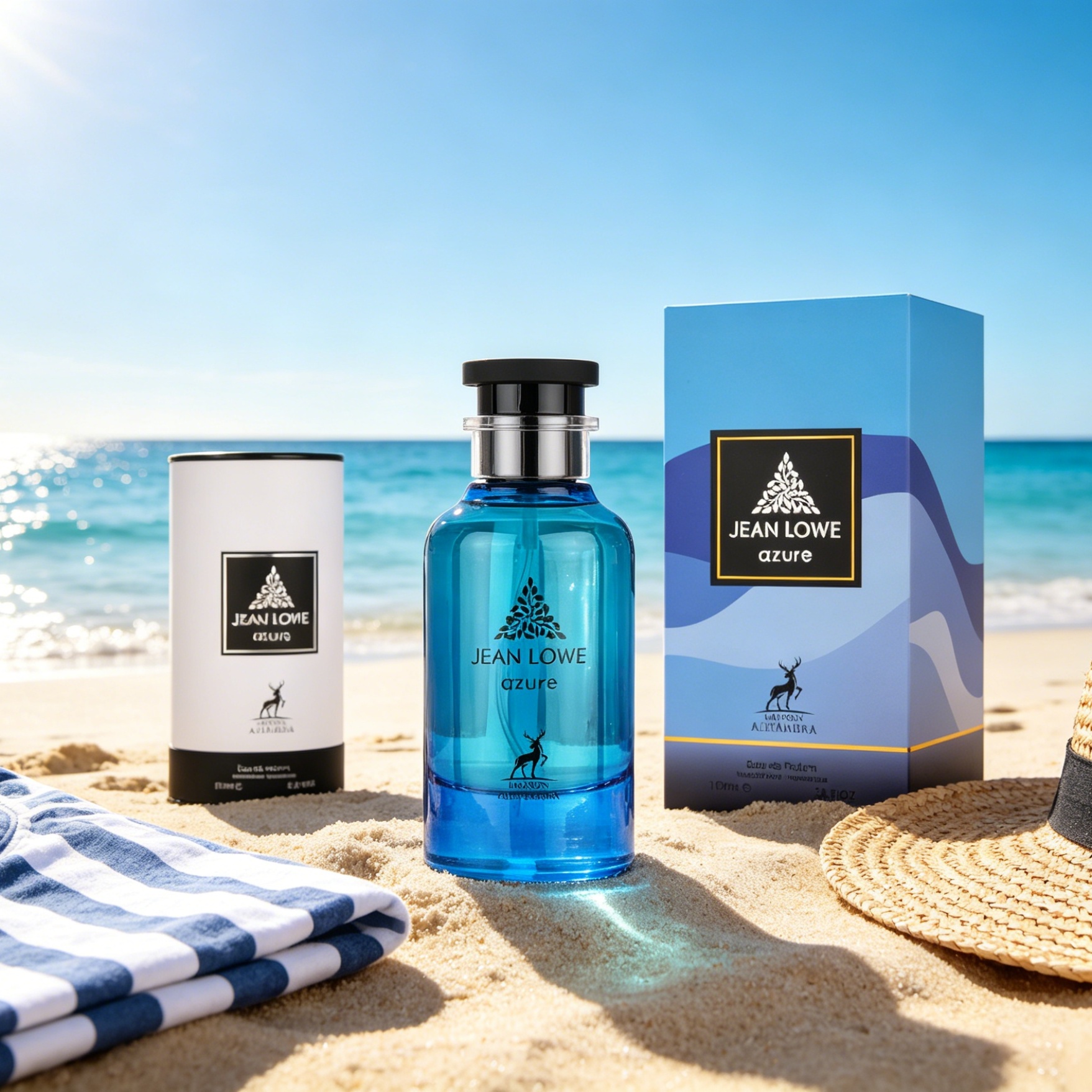 メゾン アルハンブラ ジャン ロウ アズール メンズ EDP 100ml ブライト オーシャン ブルー ラウンド ボトル シルバー ブラック デュアル キャップ フレッシュ マリン シトラス ウッディの香り サマー ビーチ 休暇 彼への誕生日 高級ギフト