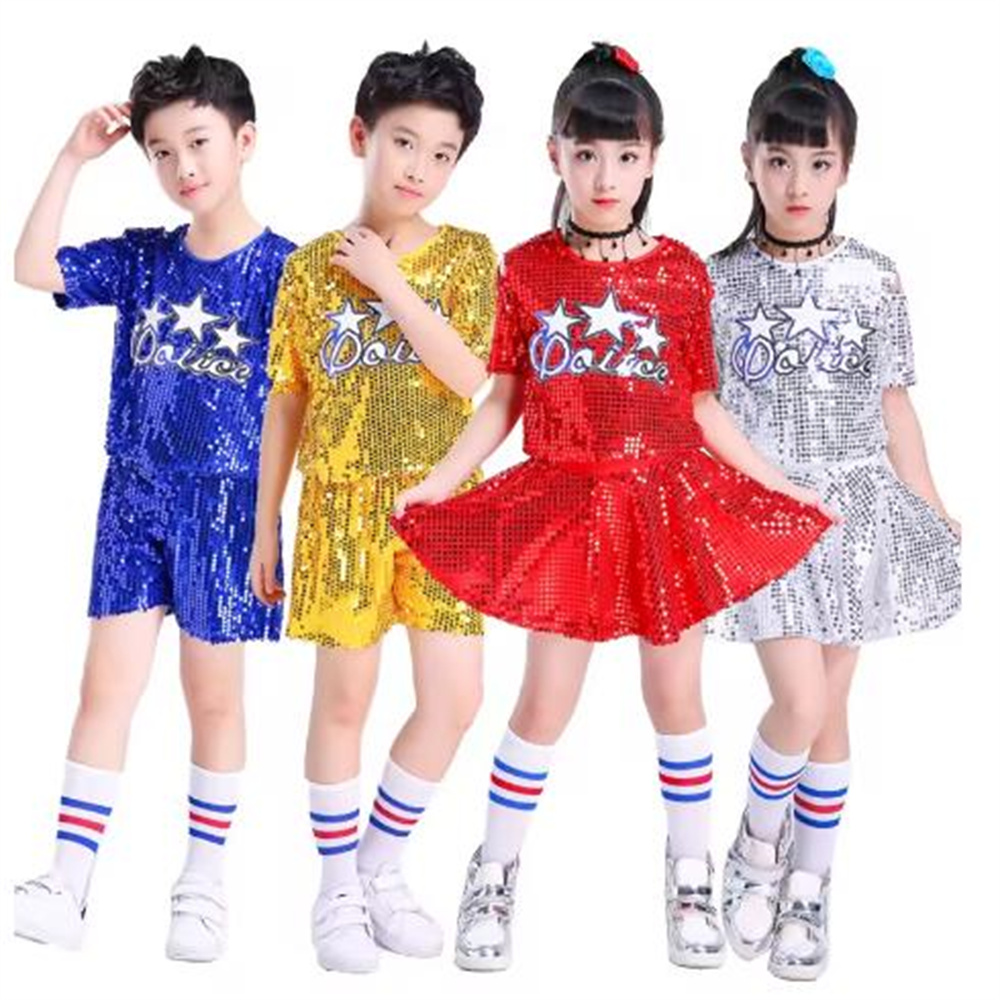 新しい子ステージジャズダンスモダンチアリーディング衣装ヒップホップ少年少女クロップトップとパンツスパンコールジャズダンスパフォーマンスセット