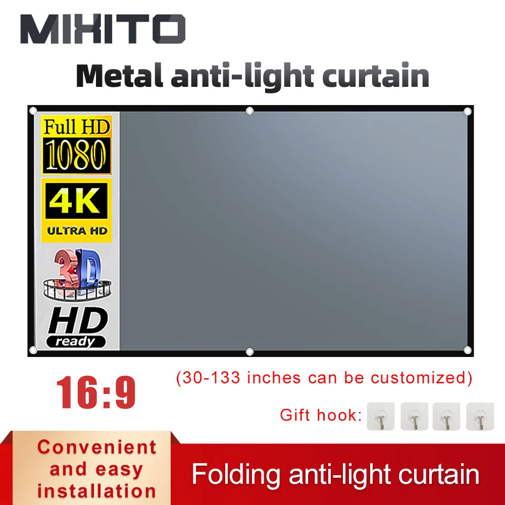 MIXITO ブラックエッジ穴付き 16:9 グレー抗光投影スクリーン 30-133 インチ屋外家庭用オフィスポータブルプロジェクタースクリーン