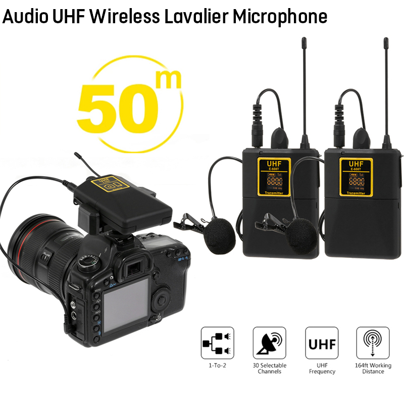 オーディオ UHF ワイヤレス ラベリア マイク 30 選択可能なチャンネル付き 50 メートルの範囲 DSLR カメラ インタビュー ライブ録音用