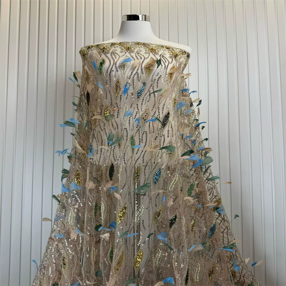 5 ヤード 3D 手作り羽刺繍レース生地、ウェディングドレスイブニングドレスチャイナ服デザイナー生地縫製用
