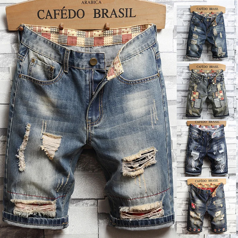 夏服新しい男性ヴィンテージリッピングショートジーンズストリートファッション穴ストレートスリムデニムショーツ男性ブランドパンツ