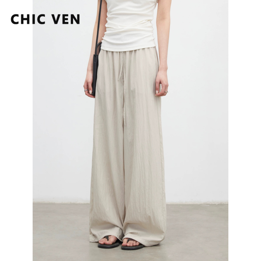 CHIC VEN New Women Pants Solid Loose Casual Wide Leg Pant  Elastic Waist Female Thin Trousers Pleated Spring Summer 2026