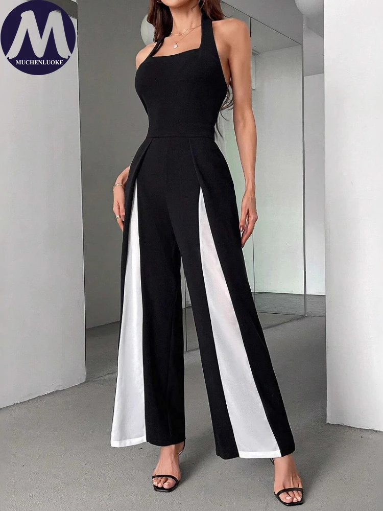 夏セクシーなカラーブロックノースリーブスリングジャンプスーツ女性のためのスリムフィット背中の開いたストレートレッグファッショナブルな