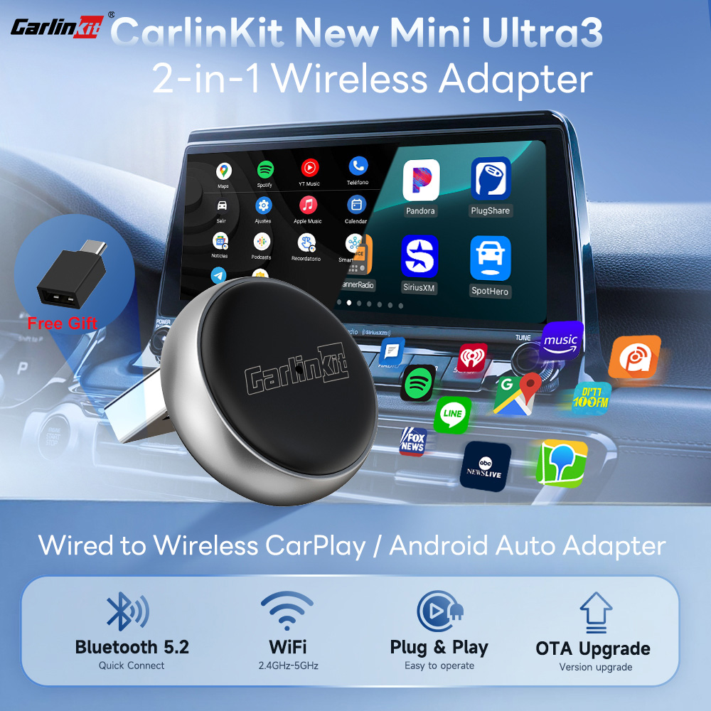 ミニウルトラ 3 CarlinKit 5.0 ワイヤレスアダプタワイヤレス CarPlay Android 自動 OEM 車プラグ