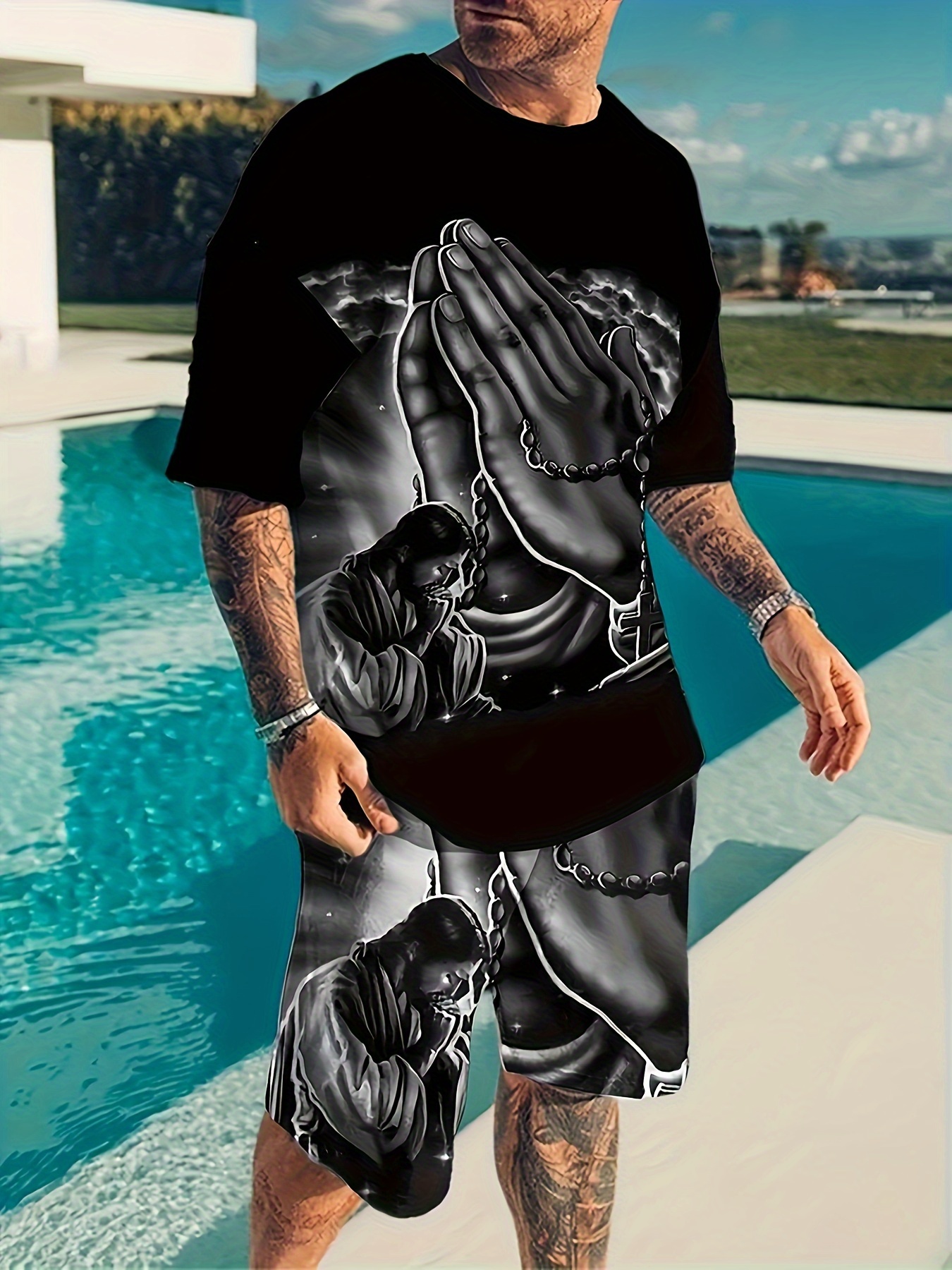 2025年夏の新しいメンズカジュアルセット、ストリートファッションと快適なTシャツ、3Dデジタルプリントパターン、アウトドアスポーツランニングショート