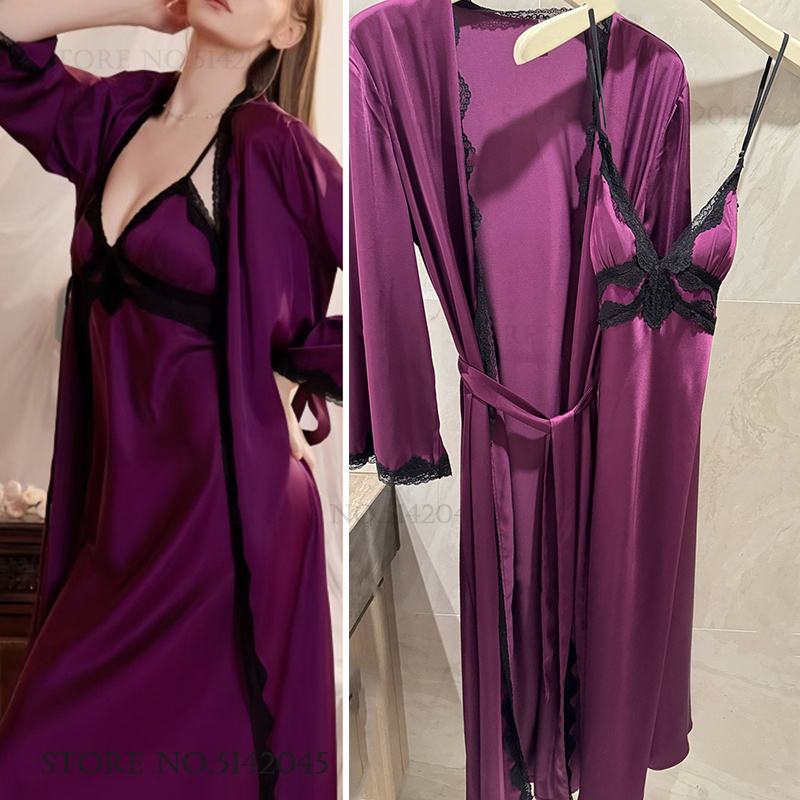 セクシーな女性 Twinset ローブセットランジェリー夏のロング着物バスローブガウンパッチワークレースシュミーズパジャマネグリジェレーヨンホームウェア