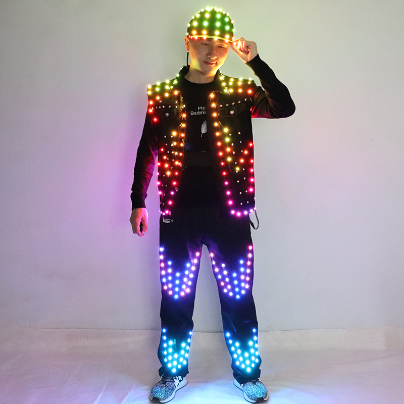 フルカラー LED コスチュームメンズバーホスティング発光服帽子パンツトロンスーツメルボルンシャッフルダンスライトアップジャケット
