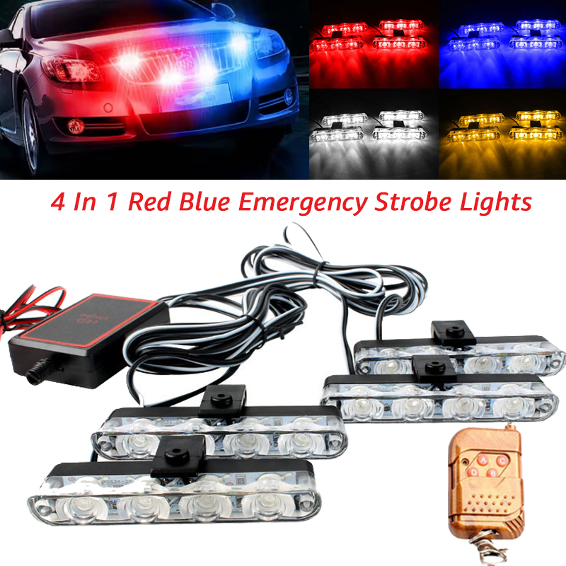 12V Red Blue Emergency Flash Light Strobe Lights 4 In1 Flash Grille Light Assembly for SUV Truck Van Car Wireless Remote Control