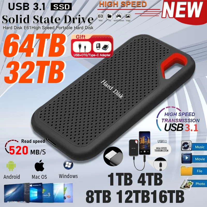 高速 USB 3.1 ポータブル SSD 2TB 外部ソリッド ステート ドライブ 1TB 4TB オリジナル大容量 PC ラップトップ Mac 携帯電話 ta