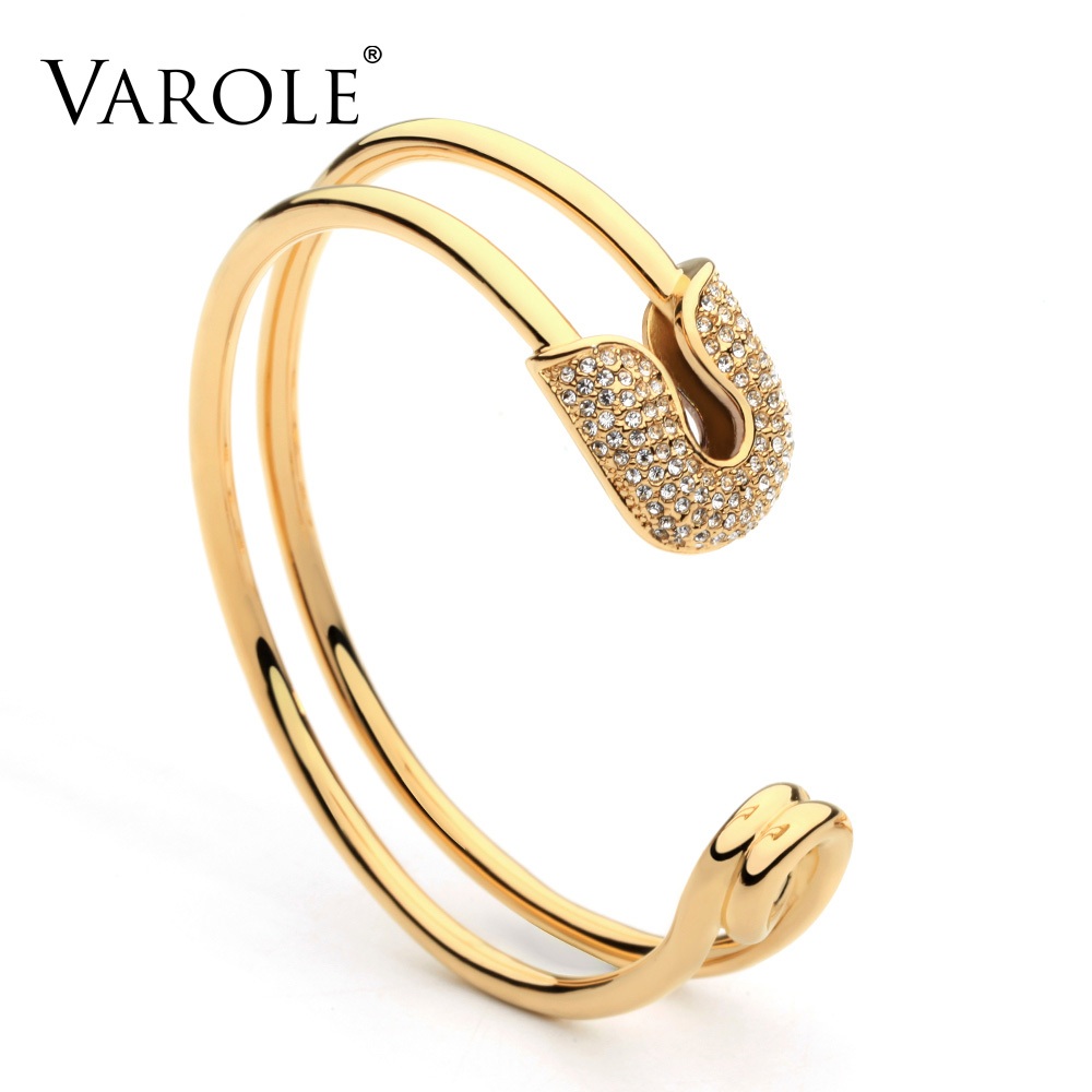 VAROLE ユニークなペーパークリップゴールドカラーカフブレスレットシャイニングクリスタルバングルブレスレット女性のためのブレスレットバングル Pulseiras