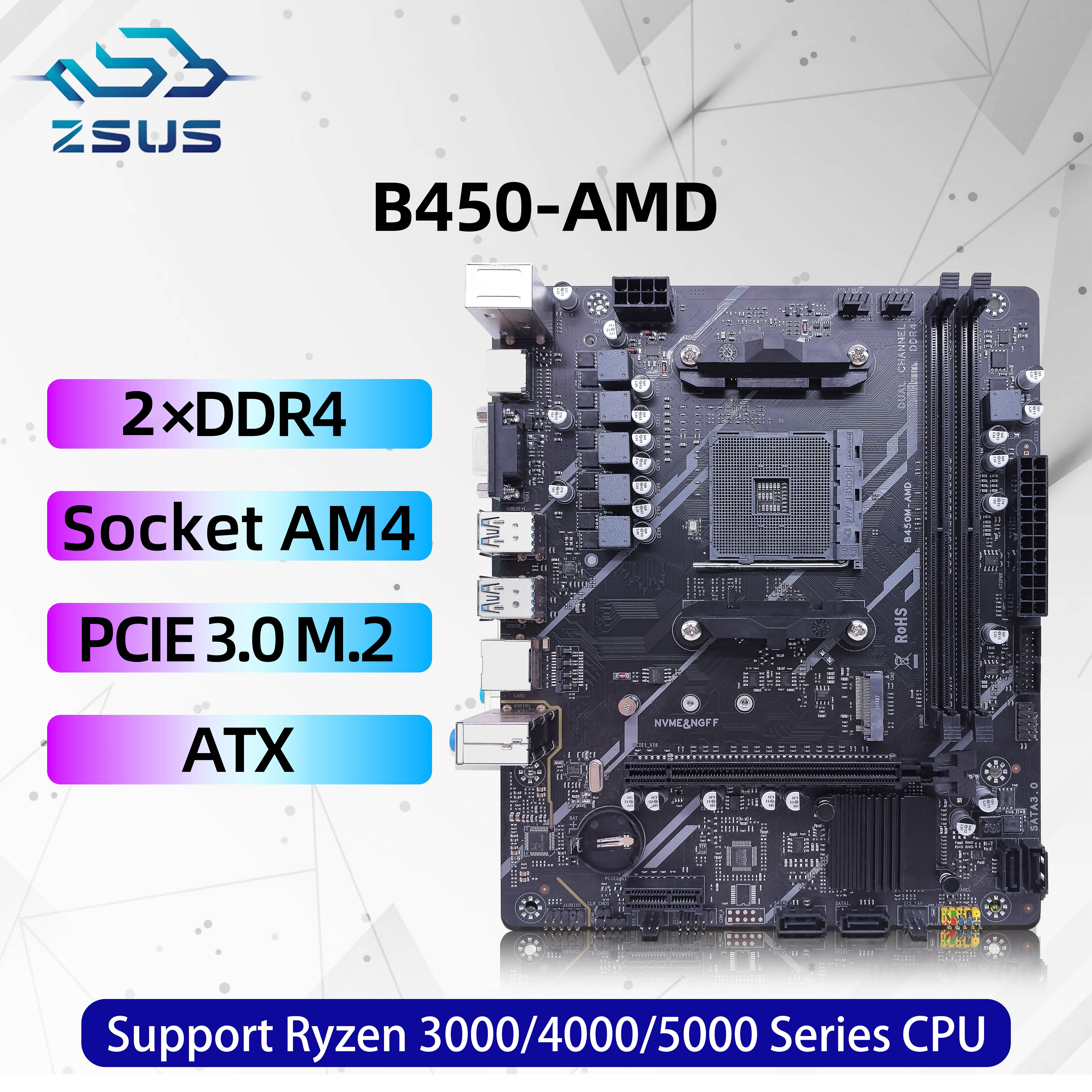 ZSUS B450M-AMD マザーボード AMD サポート DDR4 デスクトップ RAM AM4 CPU スロット NVME NGFF M.2 USB 3.0 VGA デュアル チャネル (Ryzen5 用)