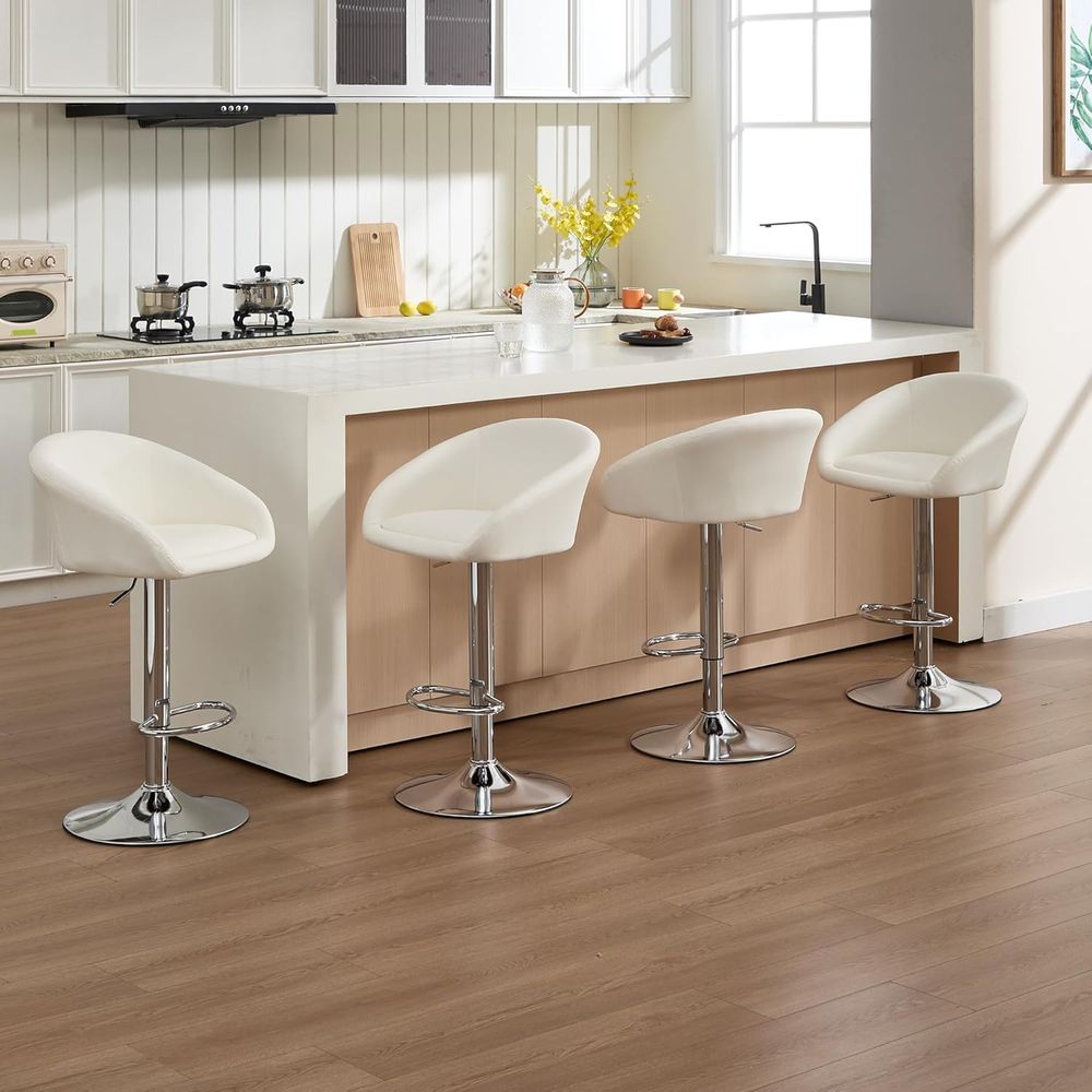 Set of 4 Adjustable Swivel Bar Stools with Beige PU Leather, Silver Metal Base for Kitchen Island or Pub