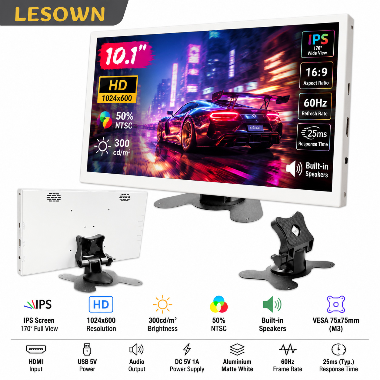 LESOWN 10.1インチ ホワイト ドライバー不要モニター 1024x600 アルミニウム HDTV ディスプレイ プラグアンドプレイ PC ラップトップ セカンダリ スクリーン 60Hz VESA