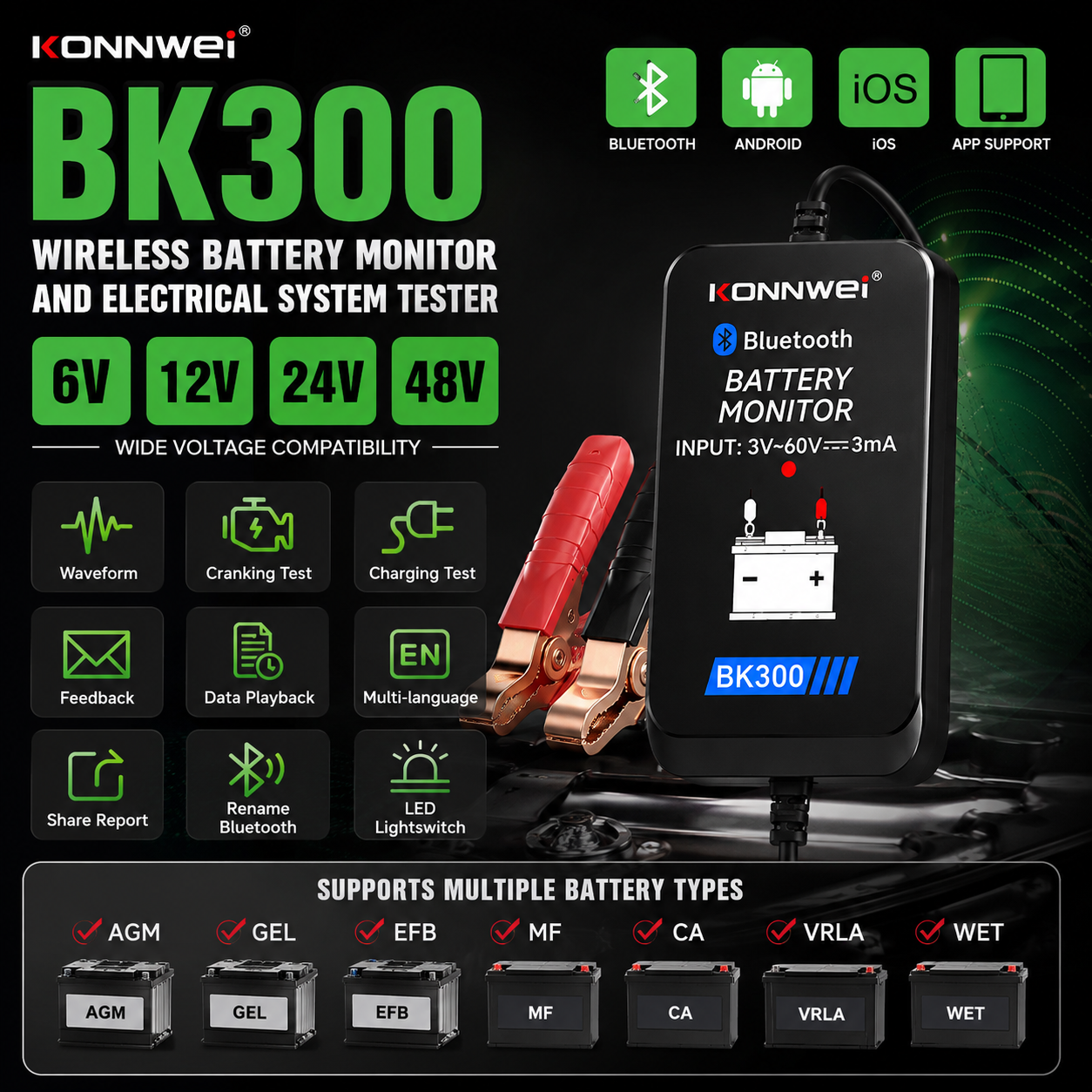 KONNWEI BK300 カーバッテリーモニター Bluetooth 5.2 自動バッテリー検出器 6V 12V 24V 容量抵抗テスターツール Android iOS 用