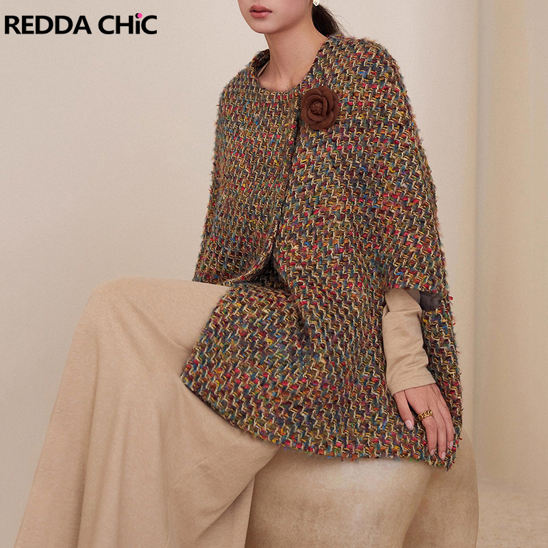 REDDACHiC カラー編組ツイード女性ケープジャケットウールブレンドボタンダウンクォータースリーブマントピーコートエレガントなヴィンテージアウター