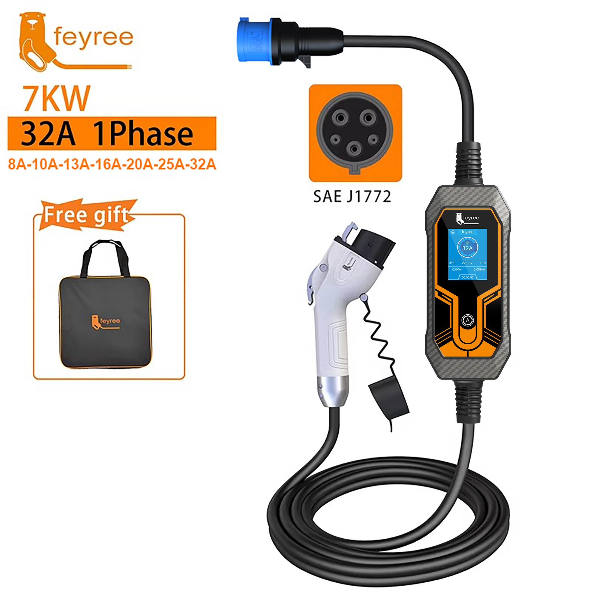 Feyree ポータブル EV 充電器ウォールボックス Type1 J1772 7KW 32A 1 相 CEE プラグ付き EVSE 充電ボックス電気自動車の充電器 5 メートルケーブル