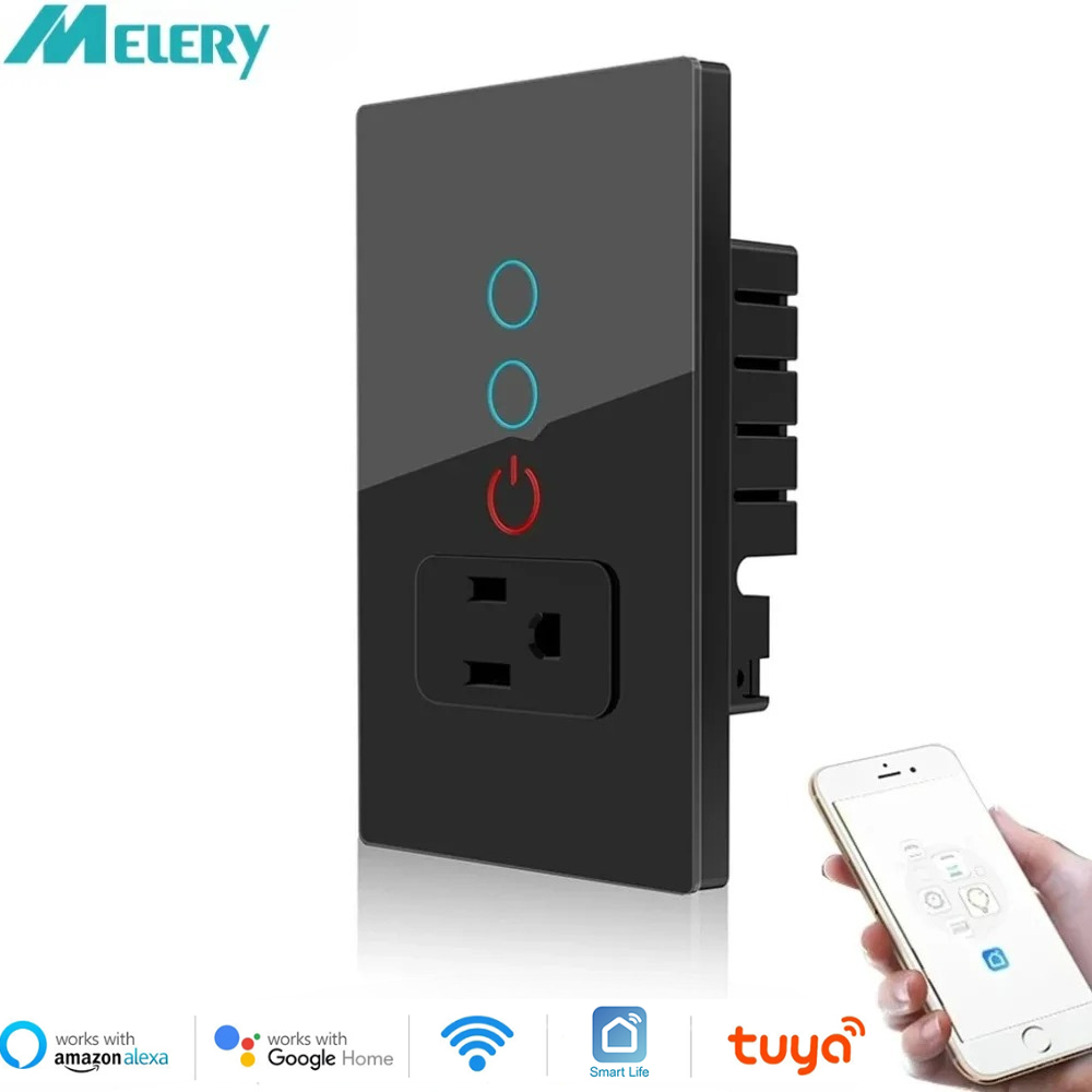 Melery Wifi Smart Tuya Light Switch  Mexico US Wall Socket American Plug Outlet Intelligent Glass Panel Remote Alexa Google Home
