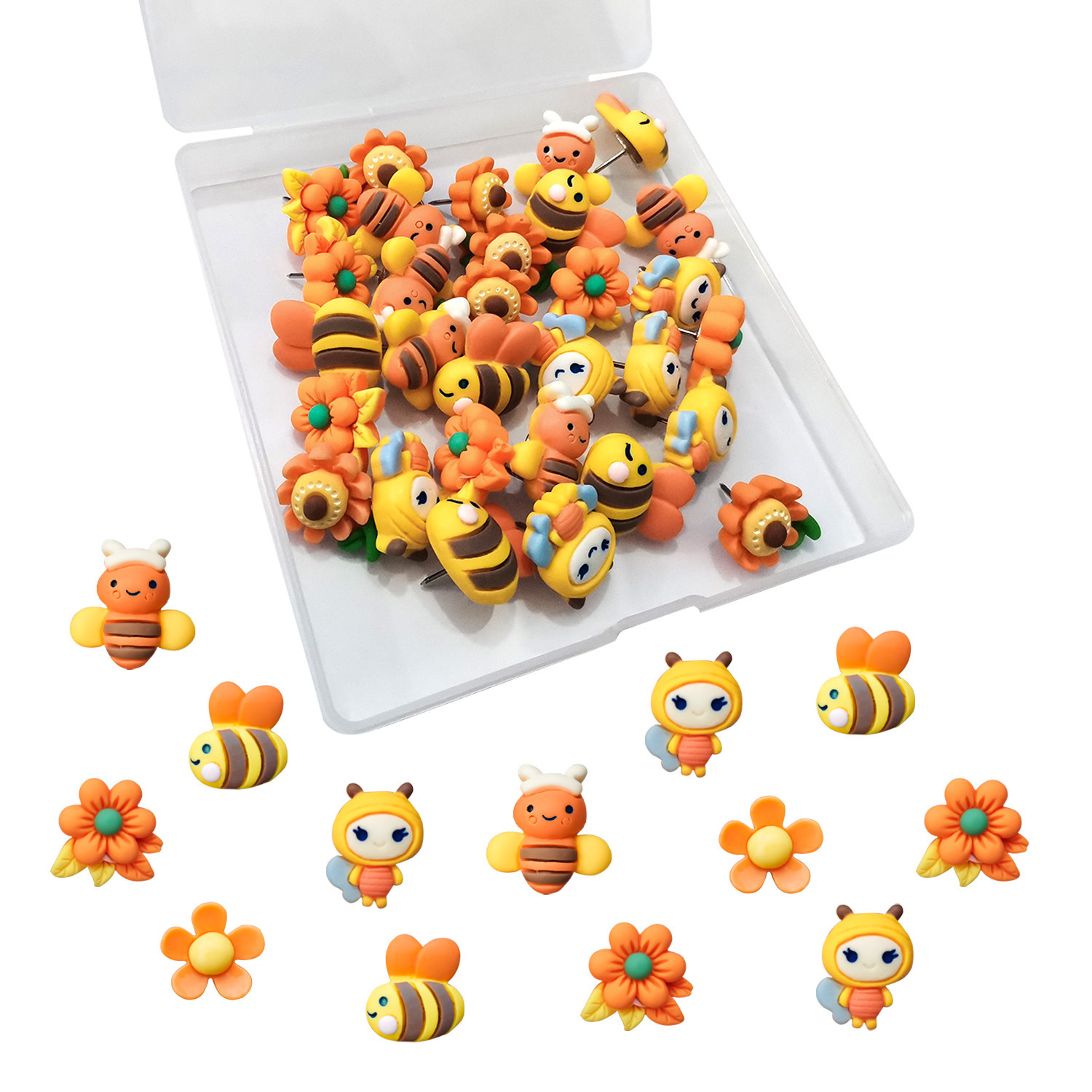 かわいいオレンジ色の蜂の花の壁飾り、H型ネイル、漫画風のかわいい樹脂製プッシュピン、学生文房具賞品