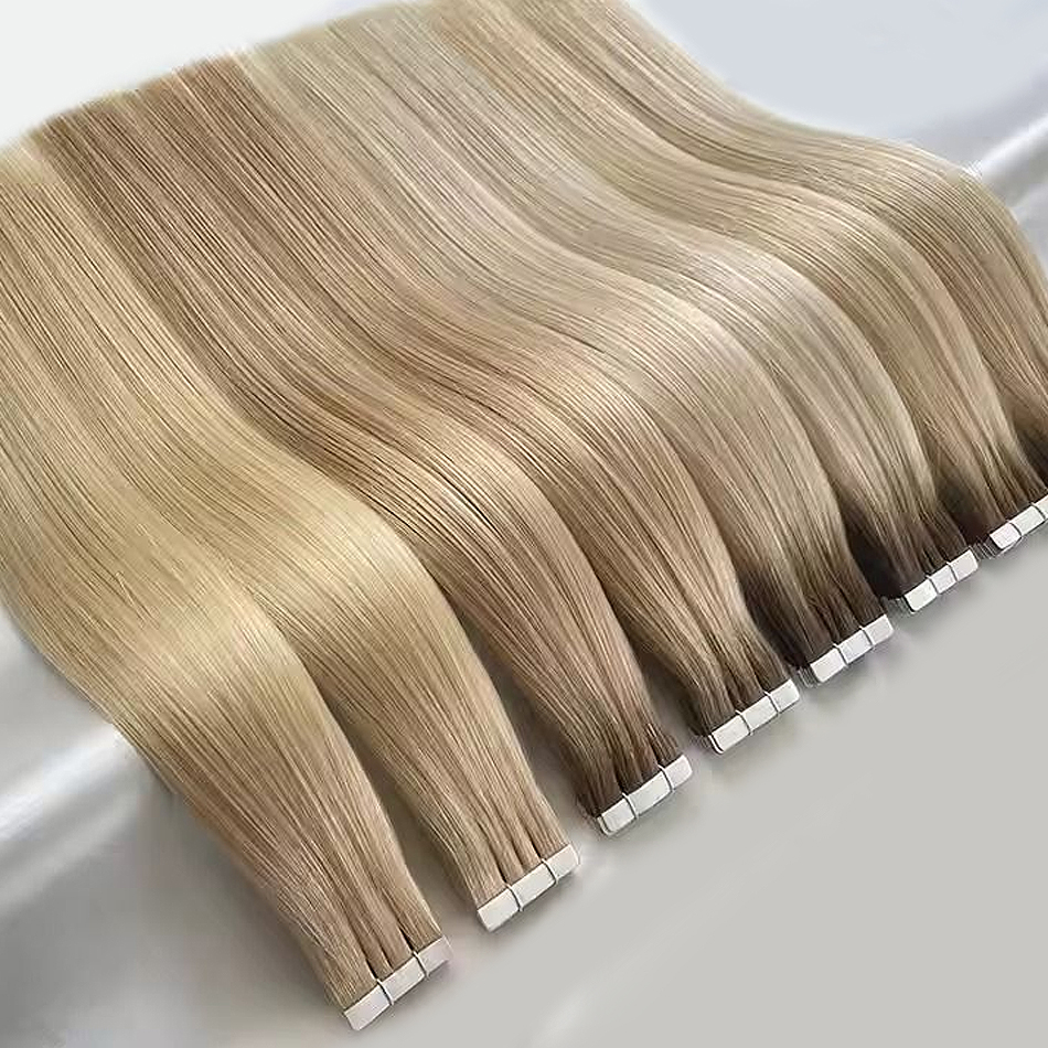 二重描画ヨーロッパ卸売テープエクステンション目に見えないキューティクル整列レミーテープヘアエクステンション 100% 人毛