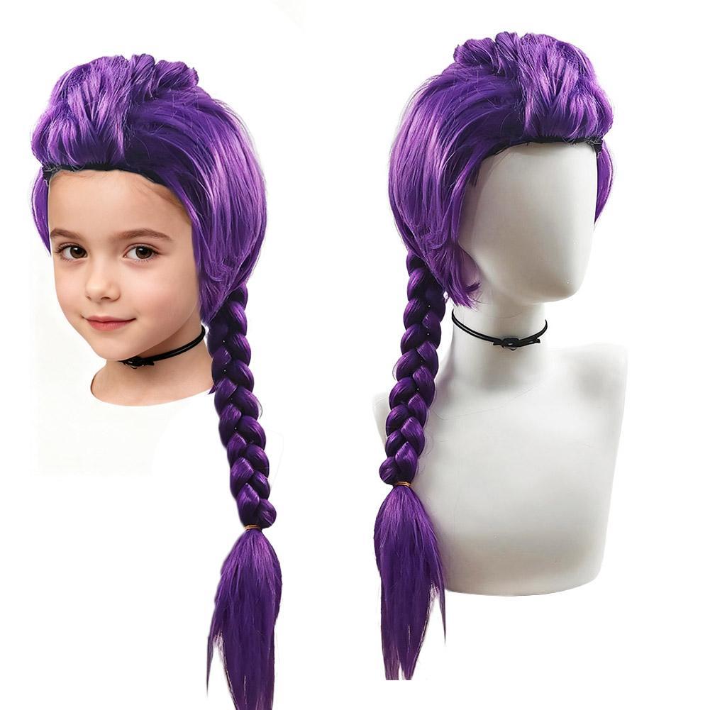 子供用コスプレウィッグ 合成パープルロングヘア 三つ編みとシングルポニーテール付き コスプレ用ハロウィンパーティー Chindren用