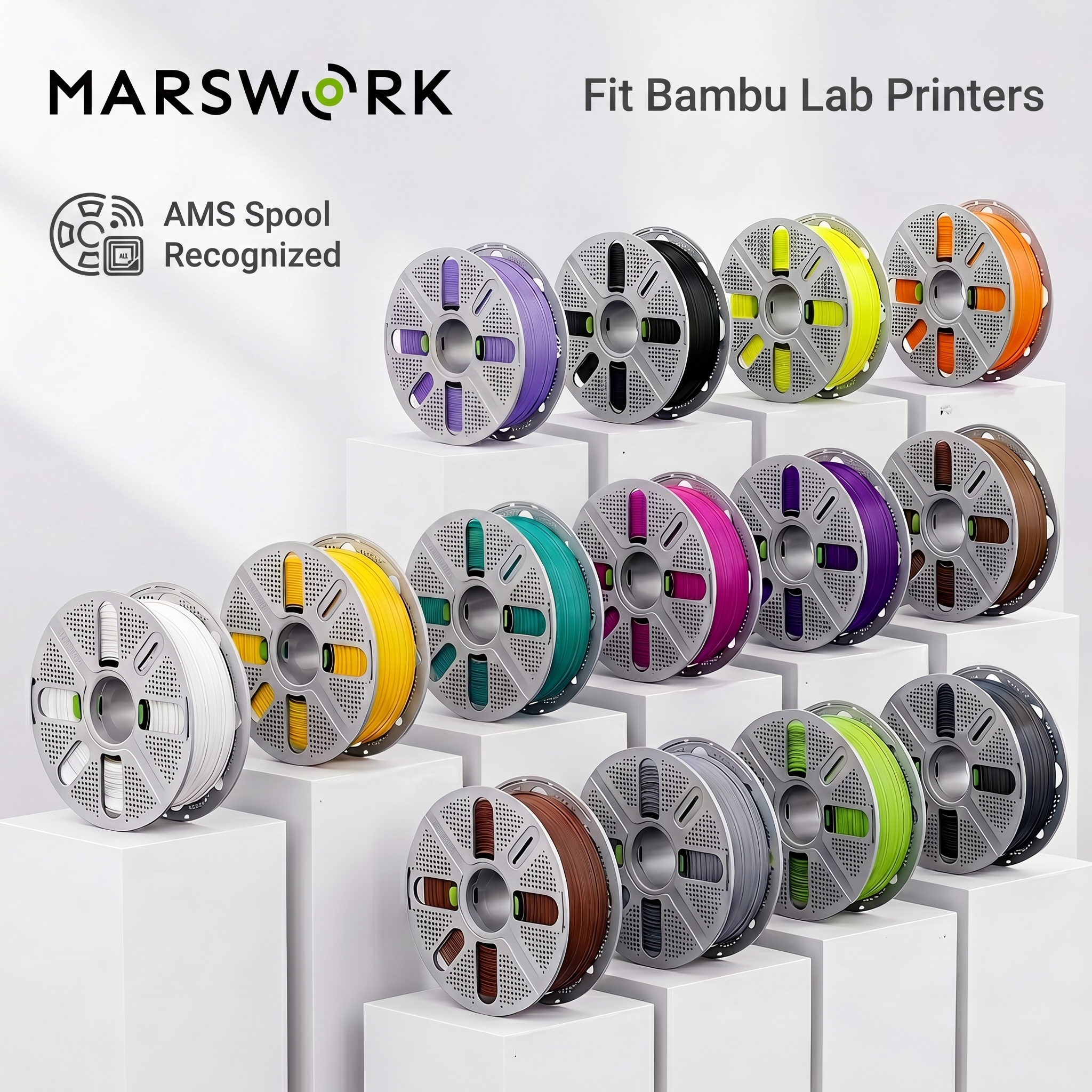 MarsWork 再利用可能なフィラメント ダブルフィンガープレスデザイン Bambu Lab プリンターの AMS 認識に適合 PLA Basic 2.0 10kg 1.75mm フィラメント 1 ロール/1kg (2.2lbs)