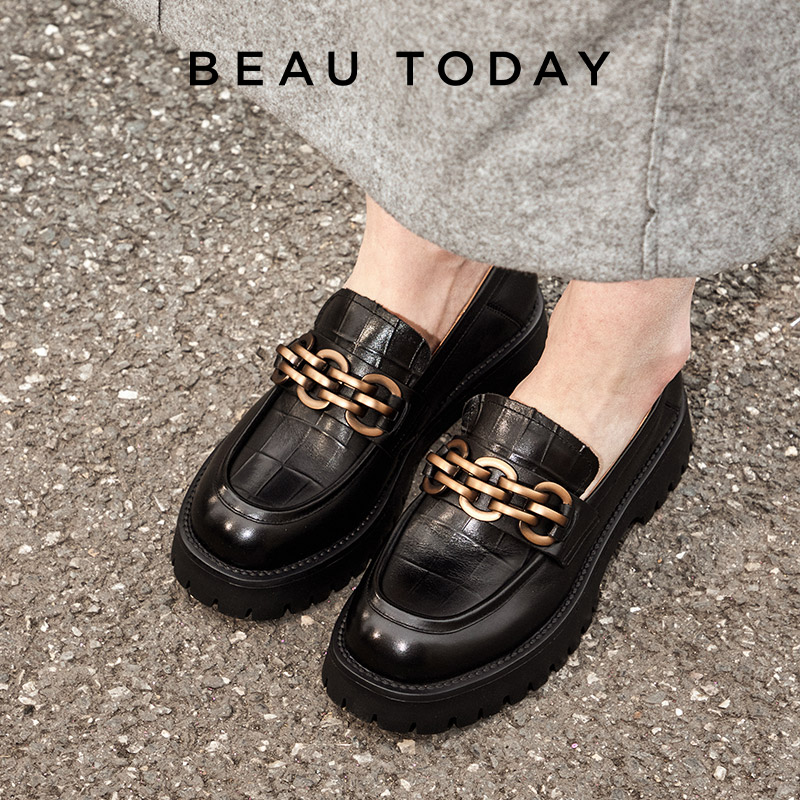 BeauToday ローファー女性のための本物の牛革ラウンドトゥメタルチェーンスリッポンレディースプラットフォームシューズ手作り I27748