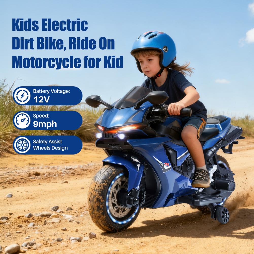 子供用電動バイク、最大時速9マイルの補助輪付き乗用バイク、2～8歳向けオフロードダートバイク