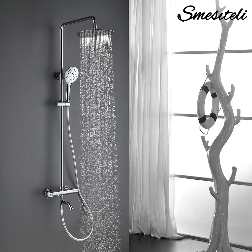 Smesiteli サーモスタット露出シャワーシステム クロムレインシャワーヘッド 3 スプレーモード ハンドシャワー、壁節水シャワーセット