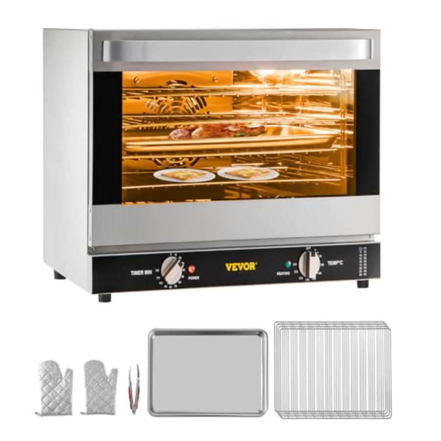 Commercial Convection Oven 66L 60Qt Half-Size Countertop 1800W 4-Tier Toaster with Front Glass Door Stainless Steel Trays Wire