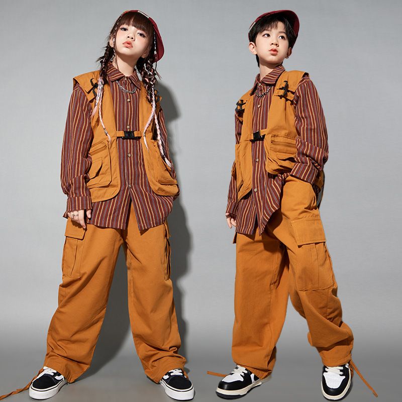 子供コスチューム子供のためのストライプシャツブラウンベストヒップホップパンツスーツ女の子ジャズダンス衣装男の子ストリート