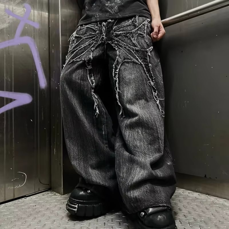 ゴシックレトロだぶだぶユニセックスモッピングパンツ Y2K ファントムジーンズハイストリートスパイダー刺繍パッチヒップホップストリートストレートジーンズ