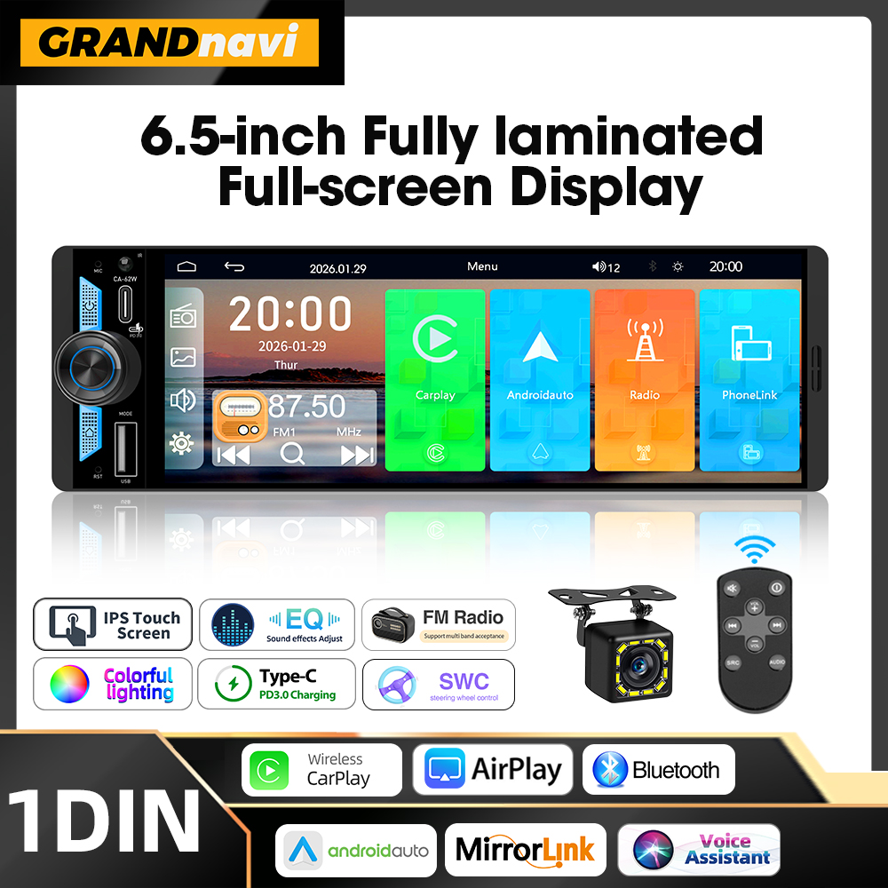 6.5 インチ 1Din IPS スクリーンワイヤレス Carplay Android Auto Airplay カーラジオ MP5 プレーヤーステレオ Bluetooth FM Type-C PD3.0 高速充電