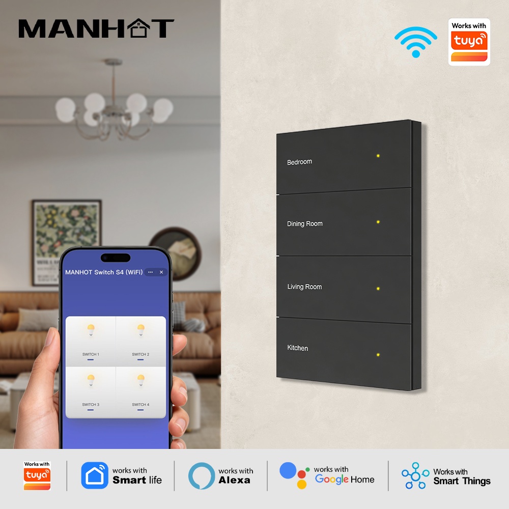 Manhot WIFI DIY ネームスイッチブラック 1-4 ギャングニュートラル必須作業 Tuya ウォールライトスイッチ Alexa Google ホーム音声制御