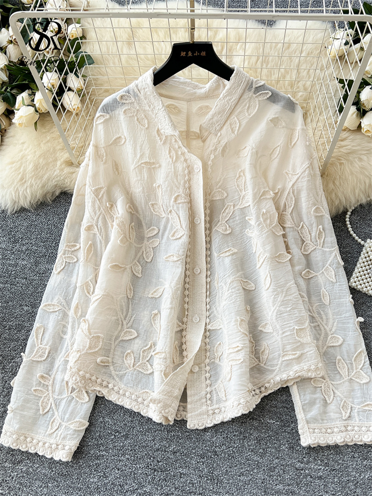 SINGREINY 2025 春優しい女性ブラウス葉刺繍シングルブレスト長袖夏薄いストリートカジュアルシャツ