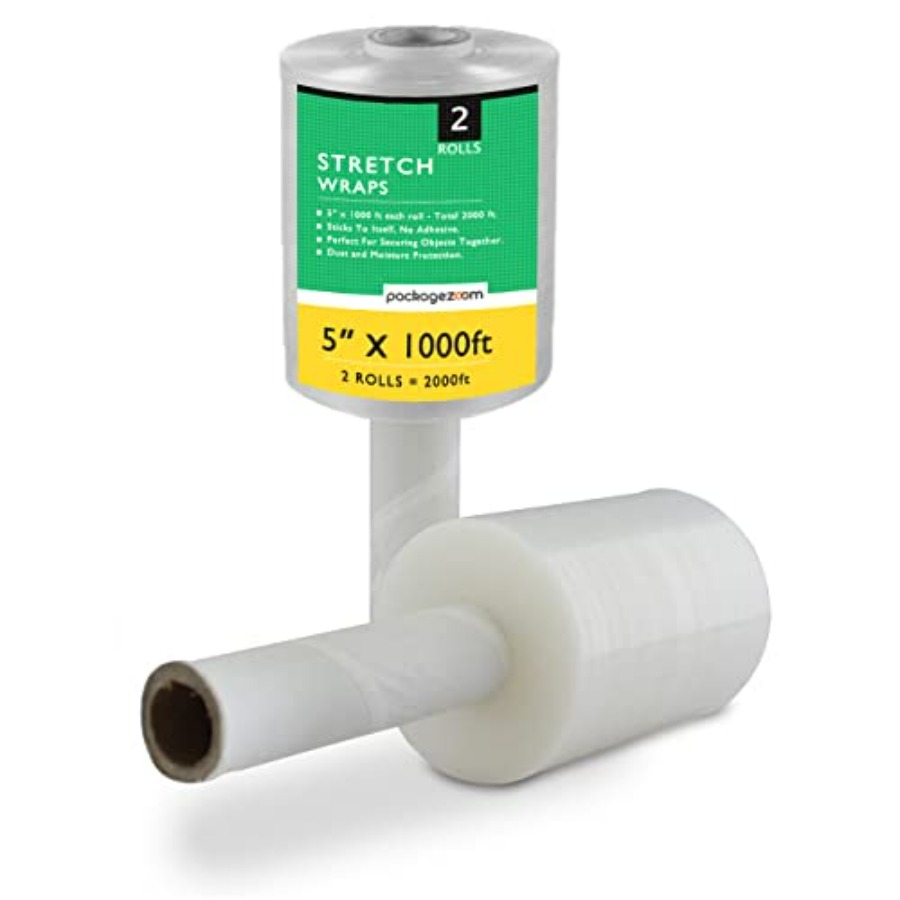 2パック ミニハンドストレッチラップ 5インチ 1000フィートロール 工業用強度 透明プラスチックラップ ボックス、家具ラッピング、55ゲージ Shr