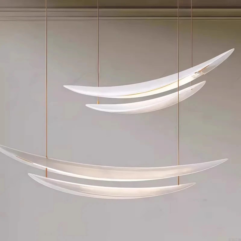 ミニマリストホワイトロングアーチシャンデリア北欧アート帆船ライトレストランバーアイランドシャンデリアダイニングルームアクリルランプ