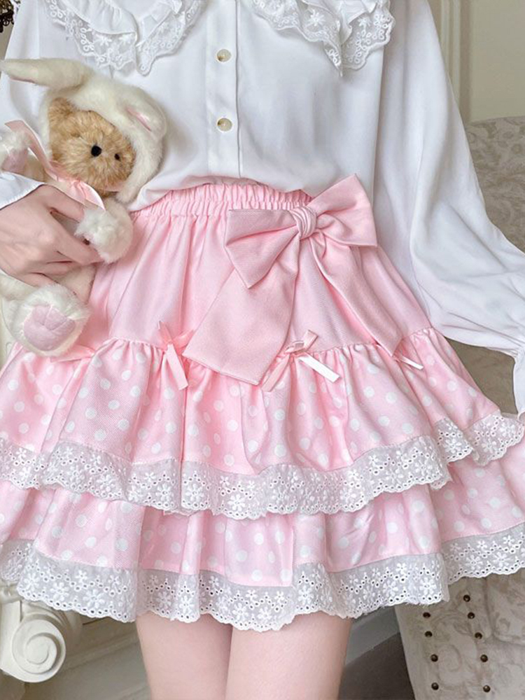 Zoki かわいい弓ケーキスカート女性ハイウエストかわいいドット甘いミニスカートファッションカジュアル日本女性固体夏 A ラインスカート新