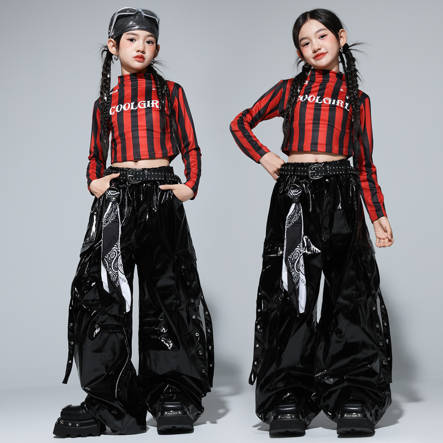 ガールズヒップホップ服セットレッドストライプクロップトップス迷彩/黒レザーパンツ子供ストリートダンス衣装キッズグループジャズ服セット