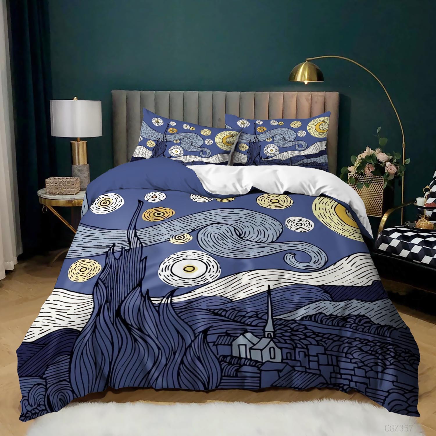 星月夜ゴッホ布団カバーセットクイーンサイズ、油絵有名なモダンクラシックスカイスターアート、装飾寝具3点セット