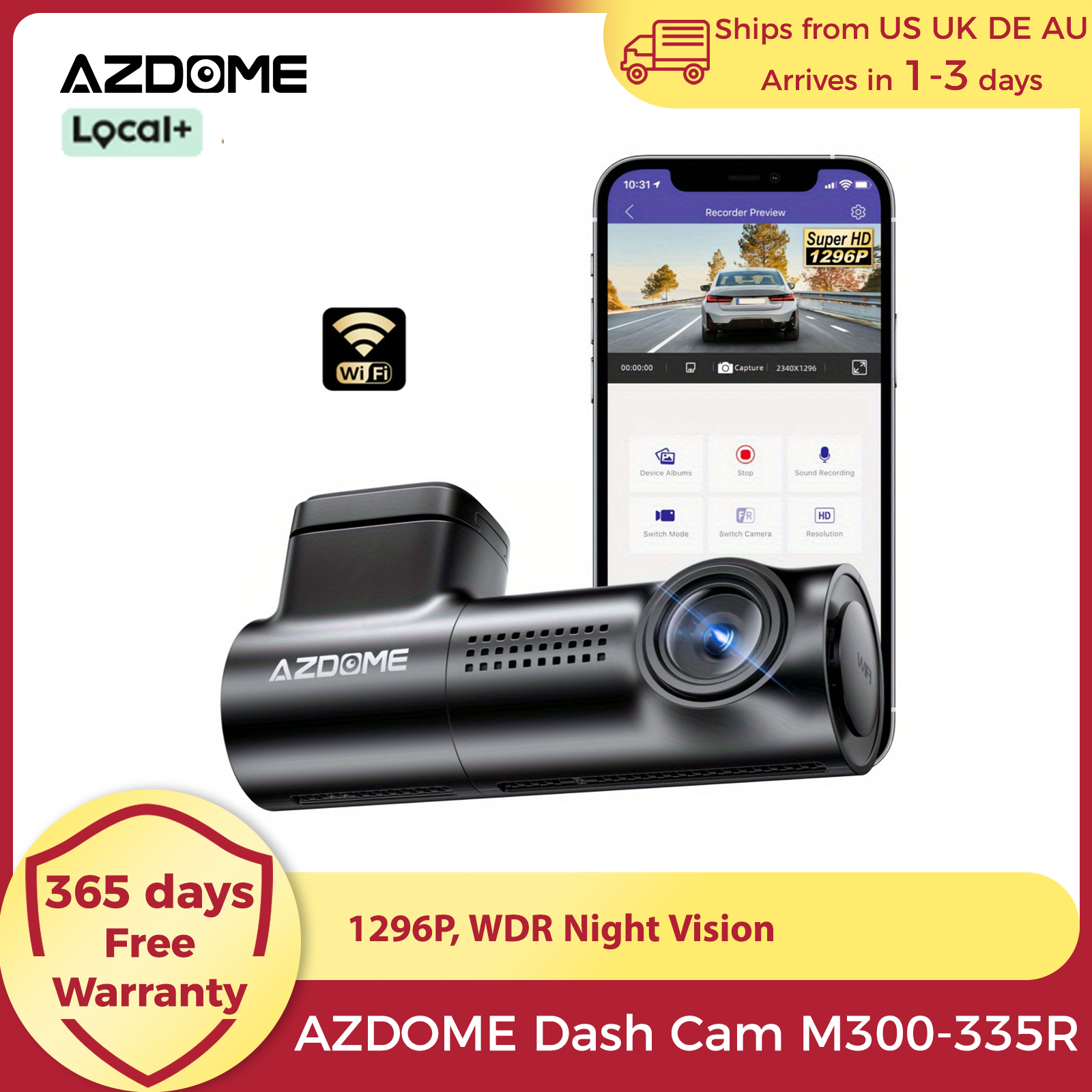 AZDOME ダッシュカム 1296P WiFi ダッシュカメラ 車用 音声制御 ダッシュカム ナイトビジョン ループ録画 Gセンサー 24H 駐車監視