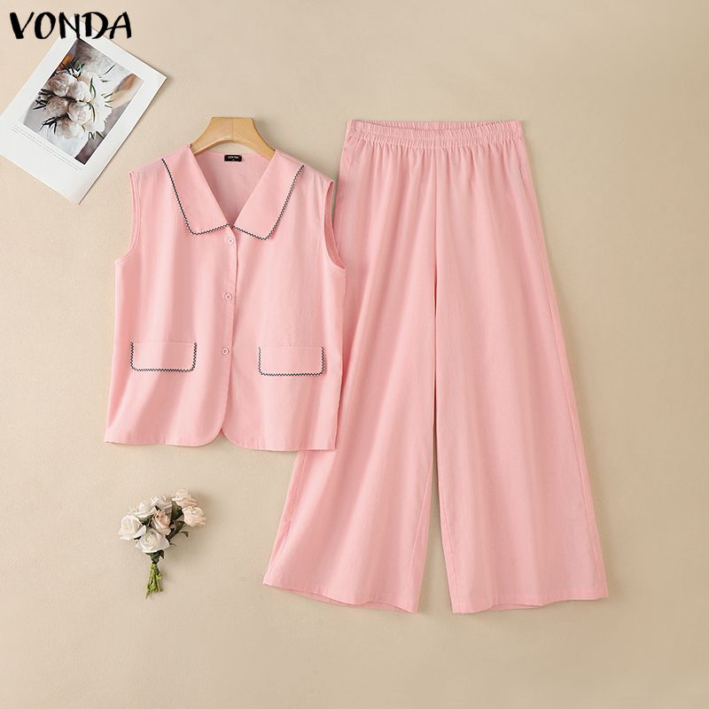 プラスサイズ VONDA 女性セット固体綿ヴィンテージトップスワイドレッグパンツ弾性ウエスト 2026 夏ツーピース衣装マッチングセット