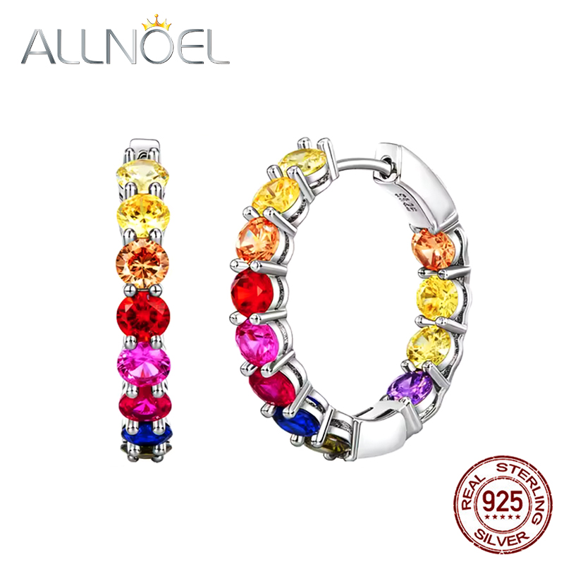 ALLNOEL 925 Sterling Silver Hoop Earrings For Women Colorful Zircon Rainbow Crystal brincos серьги pendientes Fine Jewelry
