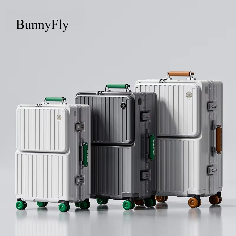 BunnyFly キャリーオン フロントオープン スーツケース、ラップトップ コンパートメント、スピナー ホイール付きの多機能ローリング ラゲッジ付き。