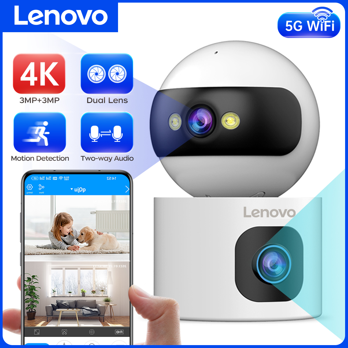 レノボ 4K IP カメラ 5G WiFi デュアルレンズスマートホーム自動追跡 CCTV カメラワイヤレス監視カメラセキュリティベビーモニター