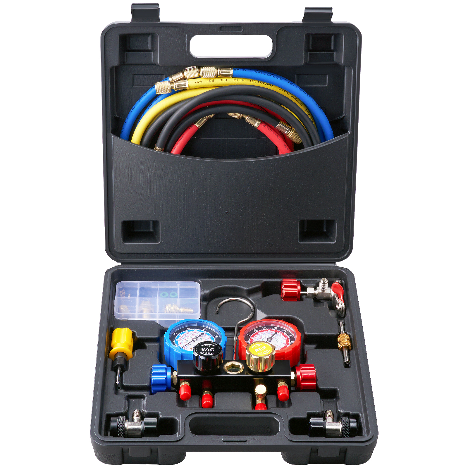 SucceBuy 4 ウェイ AC ゲージ AC マニホールドゲージセット 5 フィートホース R134A/R22/R12/R410A 用車の自動車フロンの充電と真空に対応